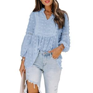 Blue Ruffled Split Neck Lace Hollow Out Puff Sleeve Polka Dot Blouse